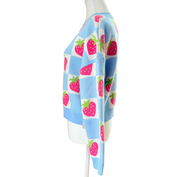 Luna Ivy Strawberry Checkerboard Knit Sweater Blue Pink Y2K Kawaii Pastel S - Picture 4 of 11